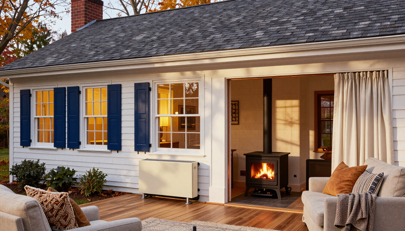 Cozy patio outside a white house with blue shutters, lit fireplace, and outdoor seating at dusk