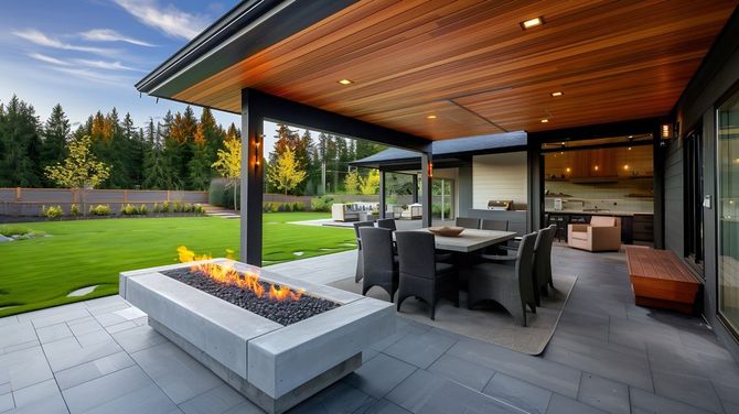 Modern covered patio with fire pit, dining table, and open lawn at dusk