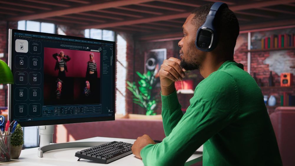 Person wearing headphones works at a desktop computer showing a dark red gaming screen.