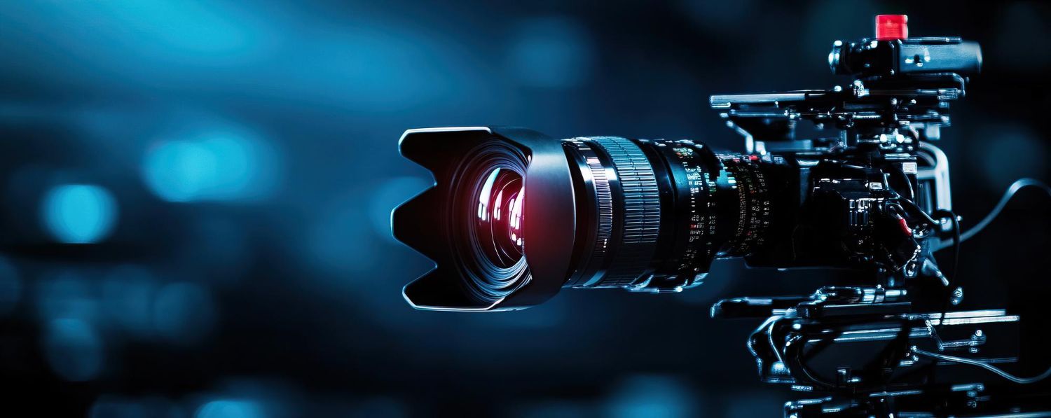 Professional video camera with red lens hood against a dark blue background