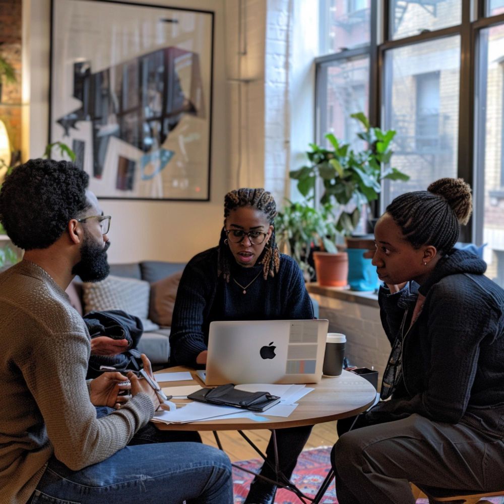 Three people in a cozy office meet around a laptop and coffee table.