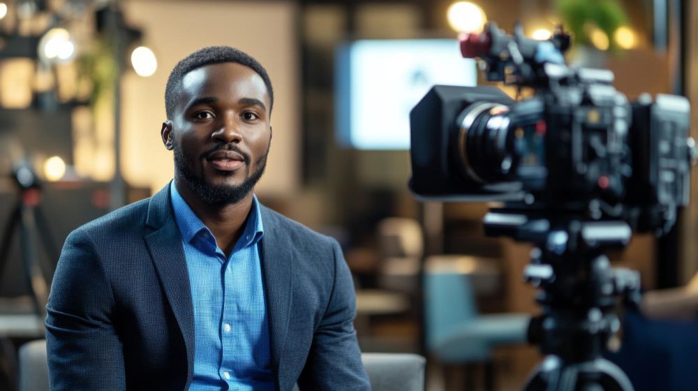 Man in blue shirt and blazer speaking on camera in a studio with a video camera in the foreground