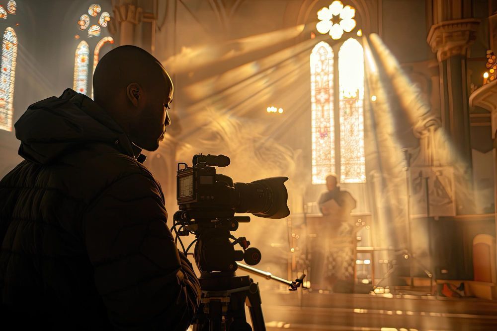 Silhouette of a cameraman filming inside a church, with golden light streaming through stained-glass windows