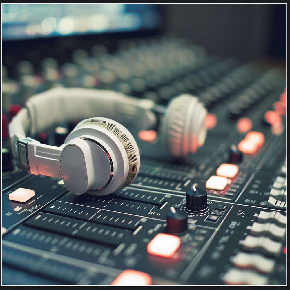 Silver headphones resting on a sound mixing console with glowing buttons and dials