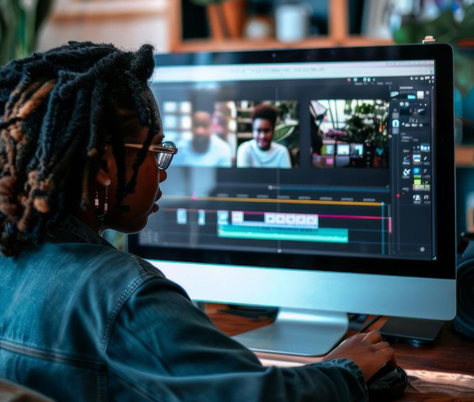Person editing a video on a desktop computer in a studio workspace