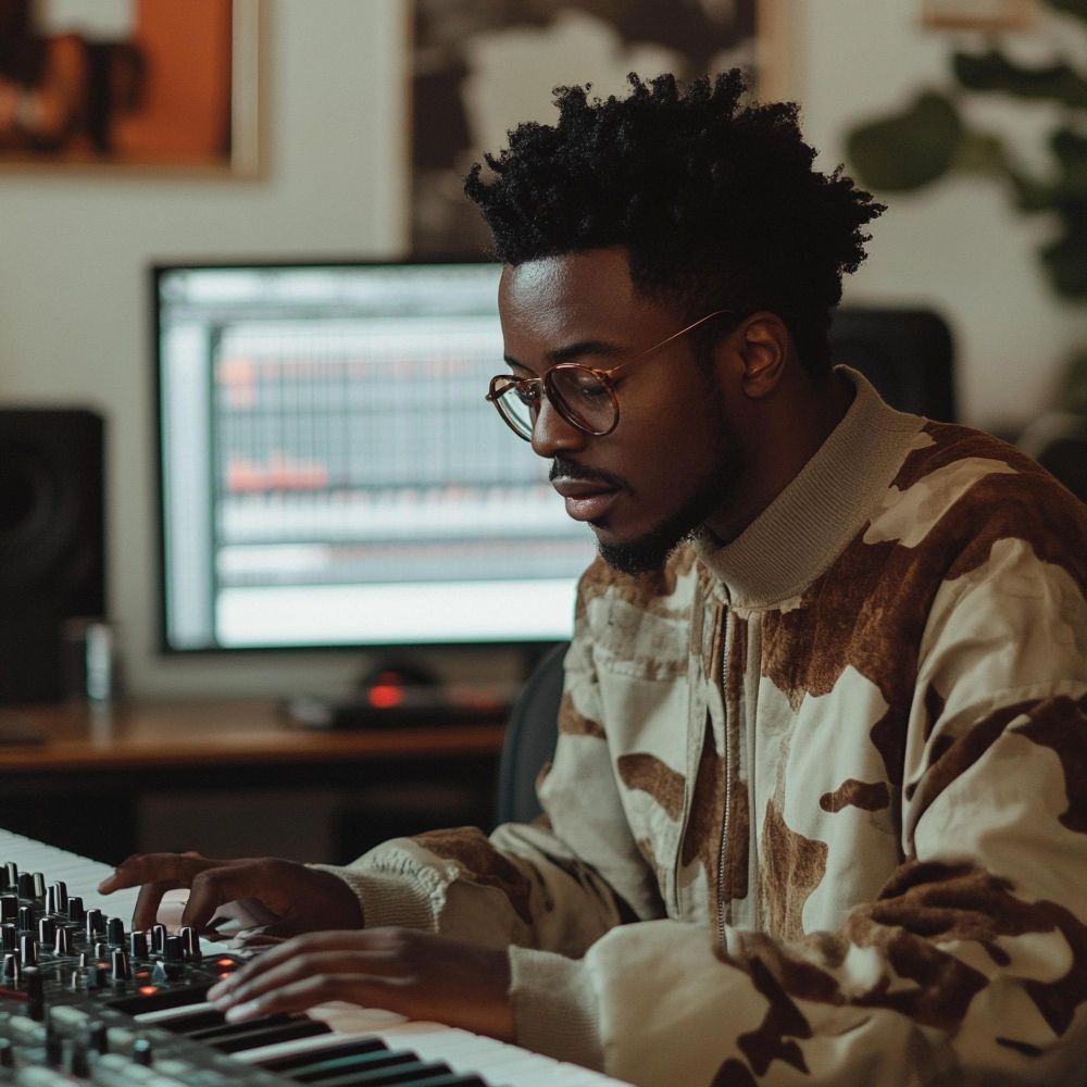 Person editing music on a mixing console in a studio, focused at a computer screen