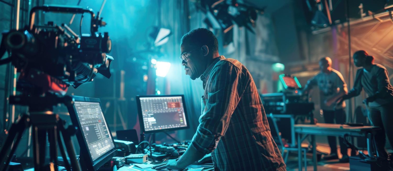Cinematic film set with crew, camera rig, and a person working at a laptop in blue-orange lighting