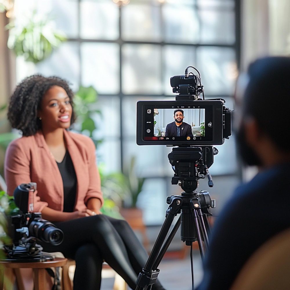 Interview being filmed in a studio, with a woman seated on camera and a camera monitor in the foreground