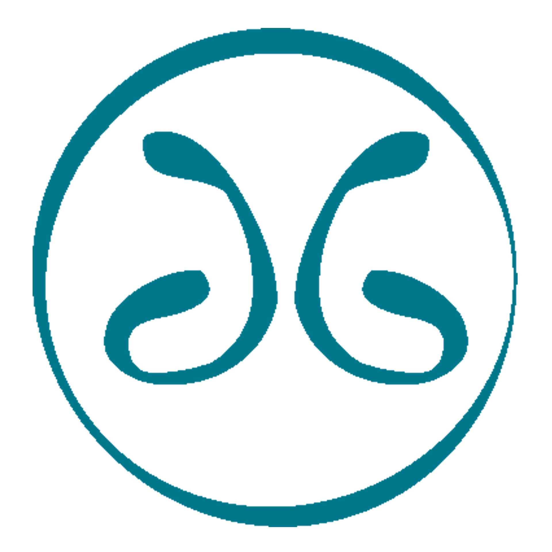 Teal circular logo with mirrored abstract leaf shapes inside