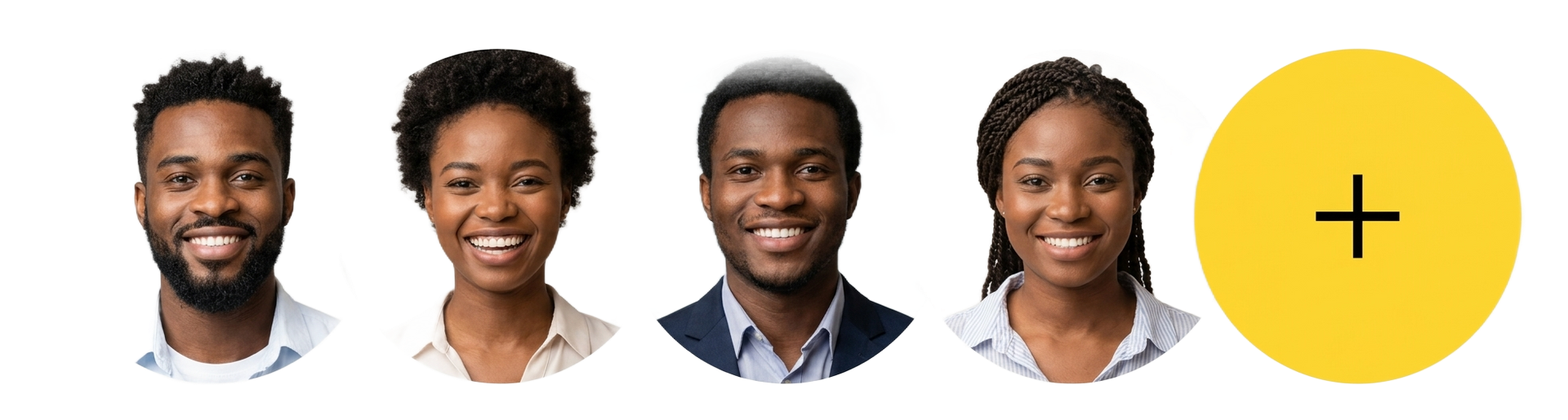 Four headshots and a yellow circle with a plus sign on a white background
