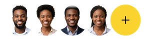Four headshots beside a yellow plus icon on a white background