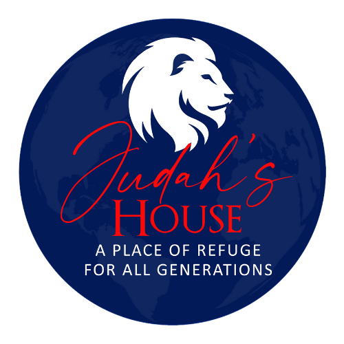 Judah’s House logo on a dark blue circle with white lion and red text, “A Place of Refuge for All Generations”