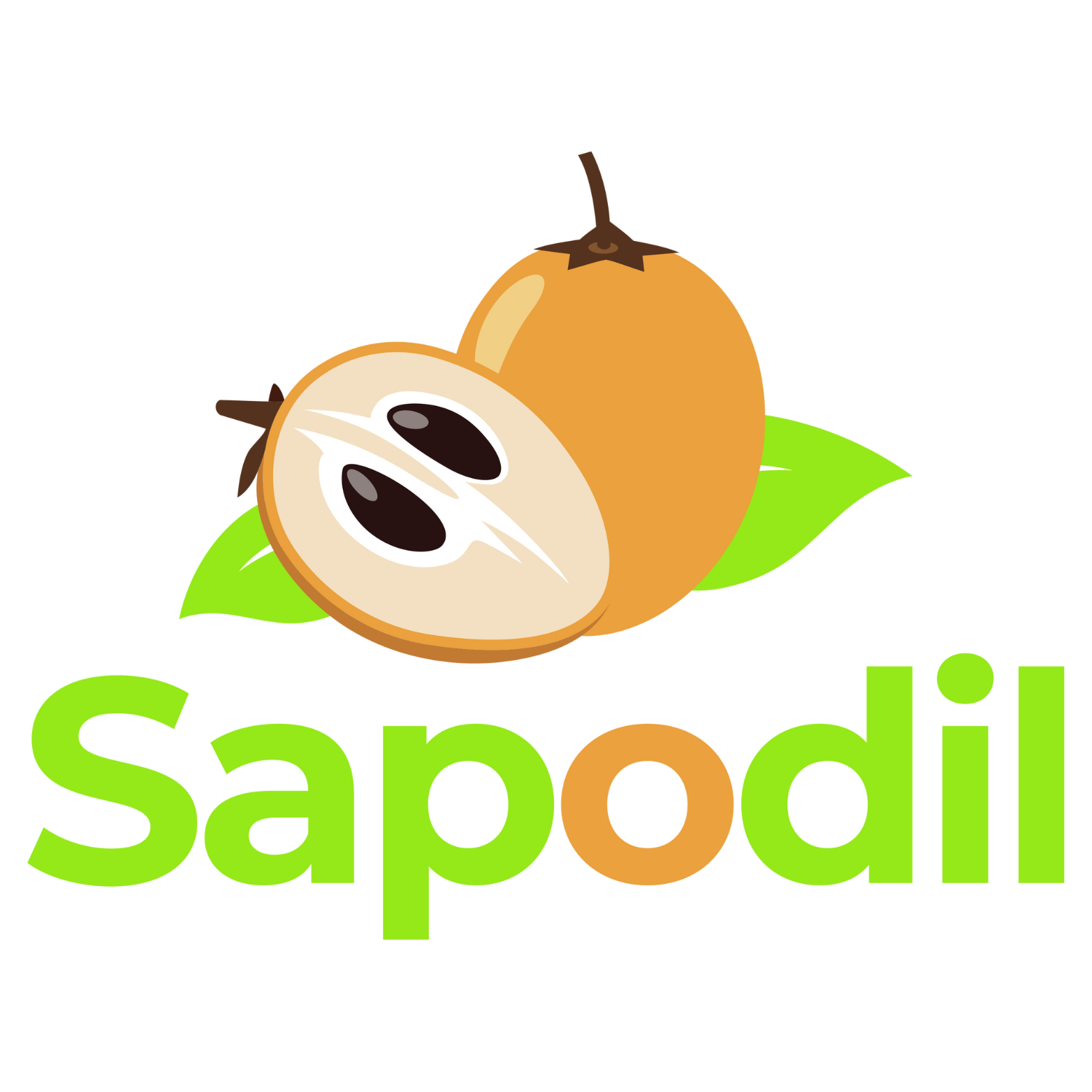 Sapodilla logo with two orange fruits, one sliced open, and green leaf text reading “Sapodil”
