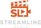 Orange Streamline Media logo with a clapperboard, “SL” letters, and a play button icon