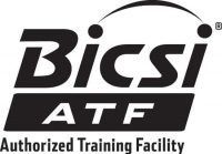A black and white logo for bicsi atf , an authorized training facility.