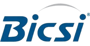 A blue and white bicsi logo on a white background