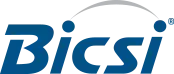 A blue and white bicsi logo on a white background