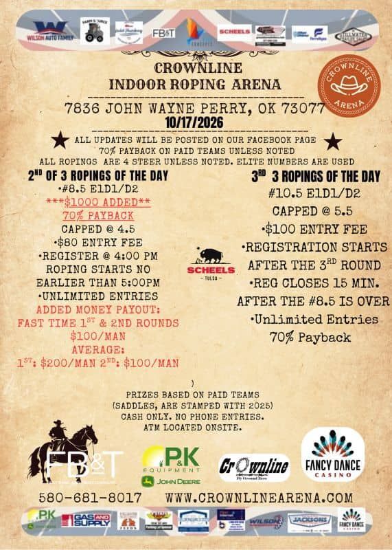 Flyer for the Crowley Lane Indoor Roping Arena, with event details, dates, and sponsor logos.