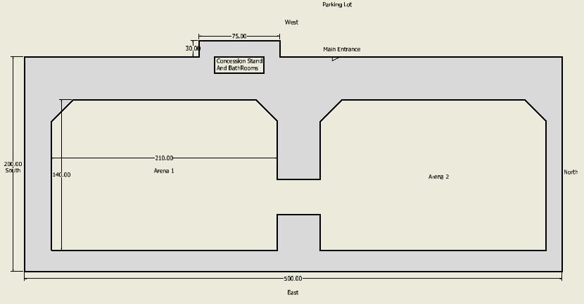 Layout diagram of roping arena showing 2 arenas, concessions, bathrooms, and parking.