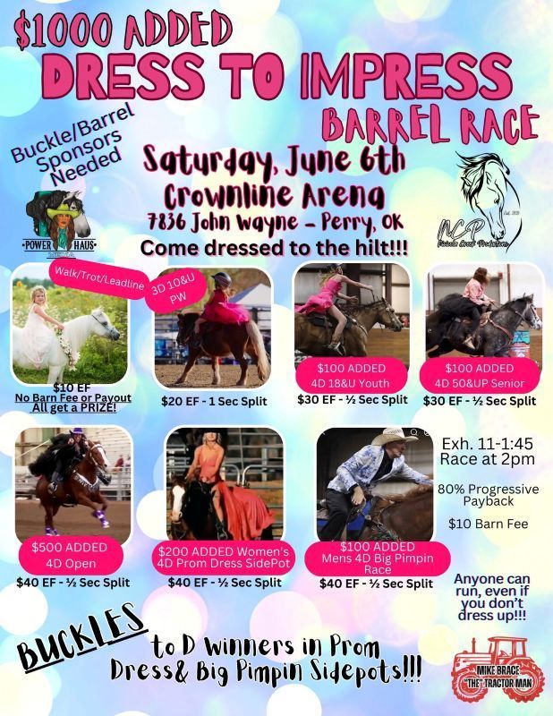 Barrel race poster with red “Dress to Impress,” Saturday June 4, Crowley arena, and rider photos