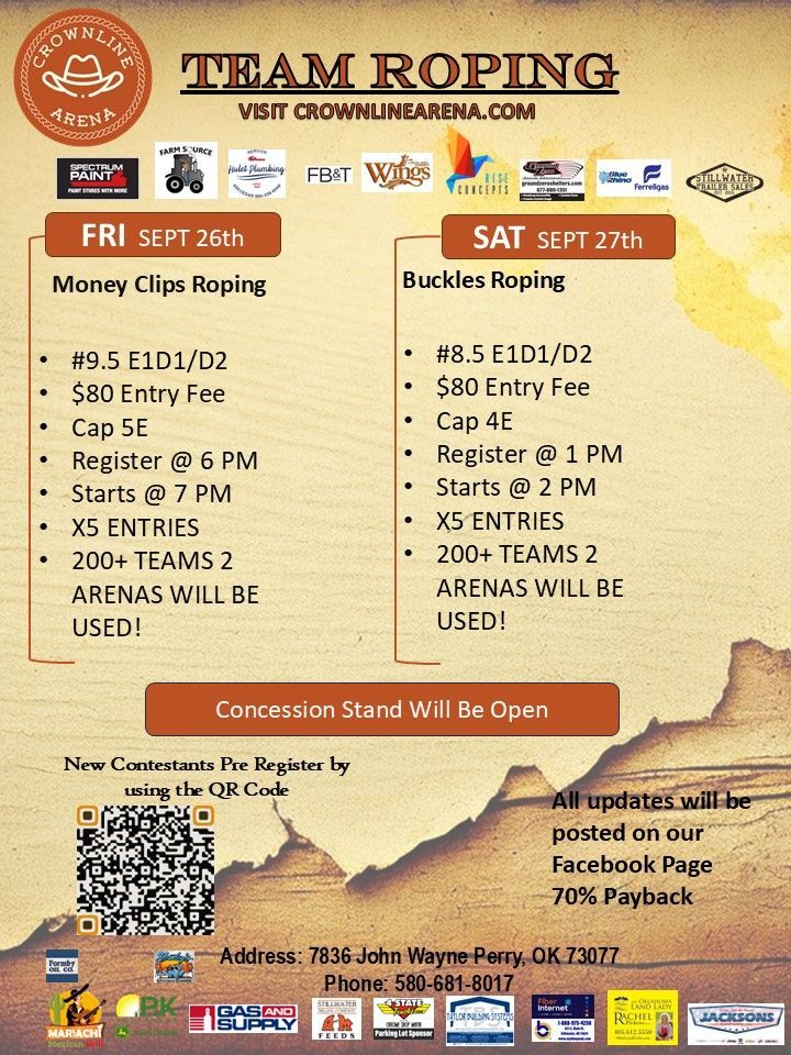Team roping event flyer with Friday and Saturday dates, entry details, and contact info on an orange background