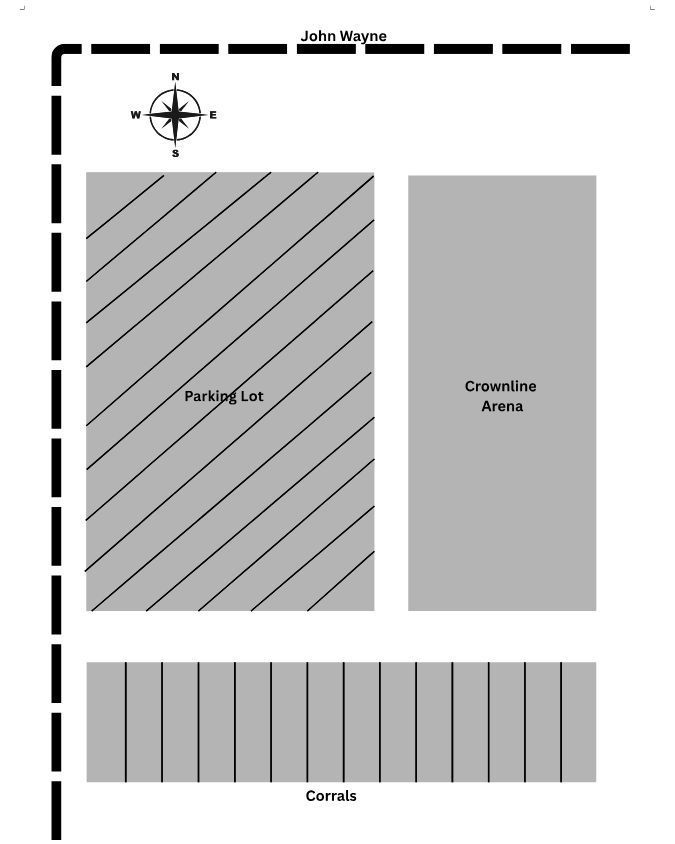 Map of the arena grounds with parking and corrals Top-down view of a grounds layout, showing parking area, arena building, and corrals.