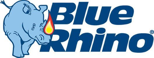 The blue rhino logo has a rhino with a drop of liquid on its nose.