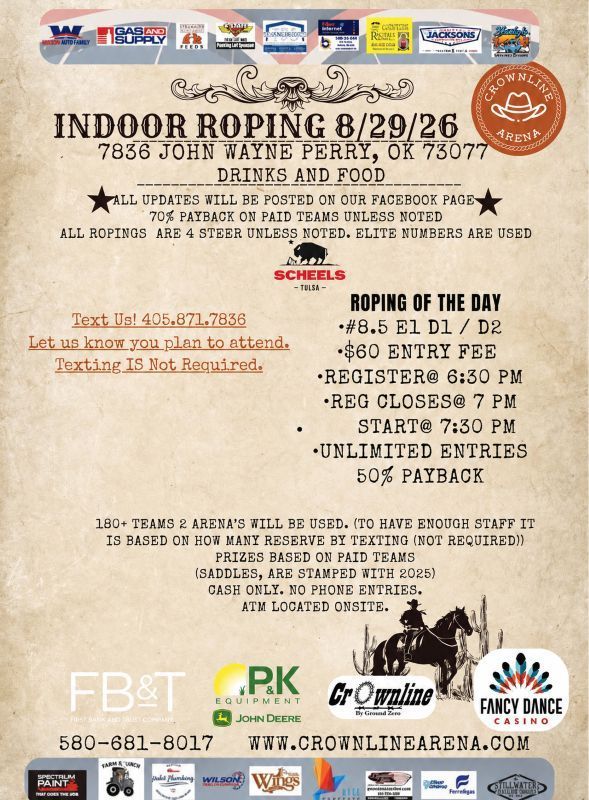 Indoor rodeo poster for B&B, 29/26, with rodeo dates, events, and sponsor logos in red and white.