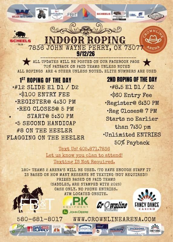 Indoor roping poster for Perry, Oklahoma, with event details, prizes, and sponsors on a tan background.