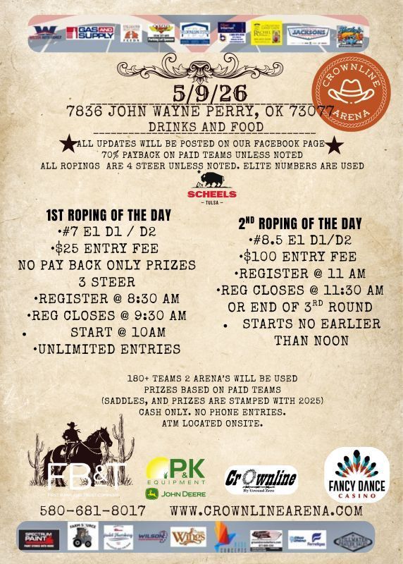 Flyer for a 5/9/26 roping event with contests, vendors, and sponsors.