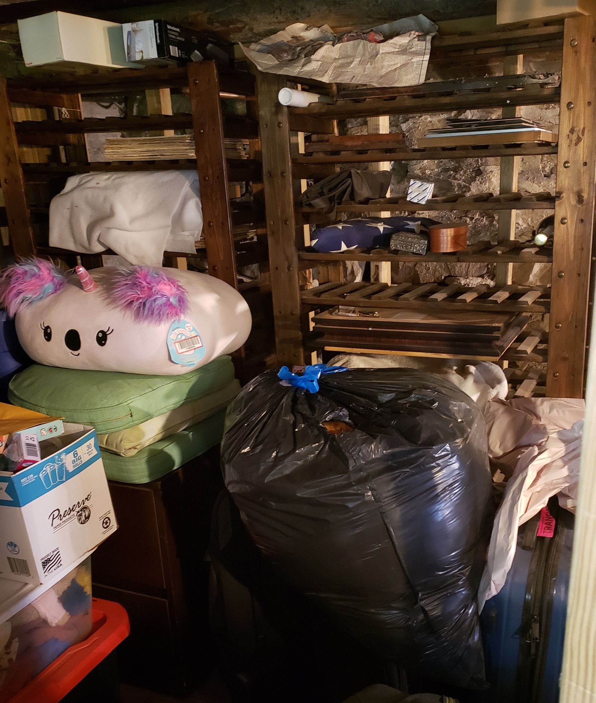 A closet filled with lots of stuffed animals and boxes.