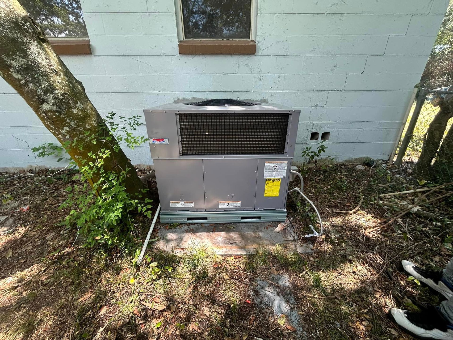 Outdoor HVAC unit beside a house wall, partly shaded by trees and surrounded by leaves and grass.