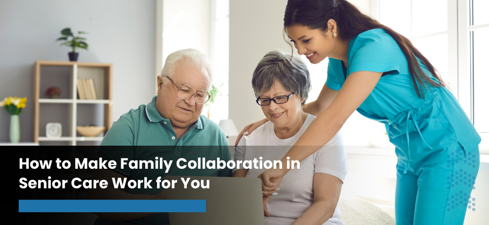 Caregiver with seniors in a bright home, with text: 