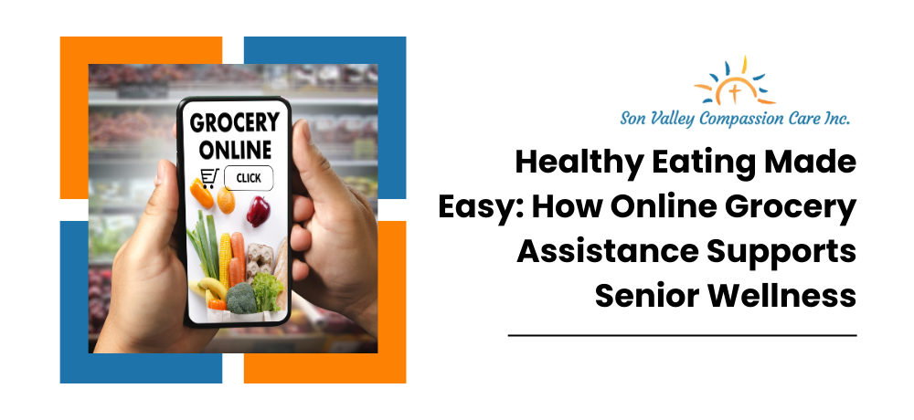 Health,old healthy, easy grocery online shopping assistance supports senior wellness with smartphone screen.