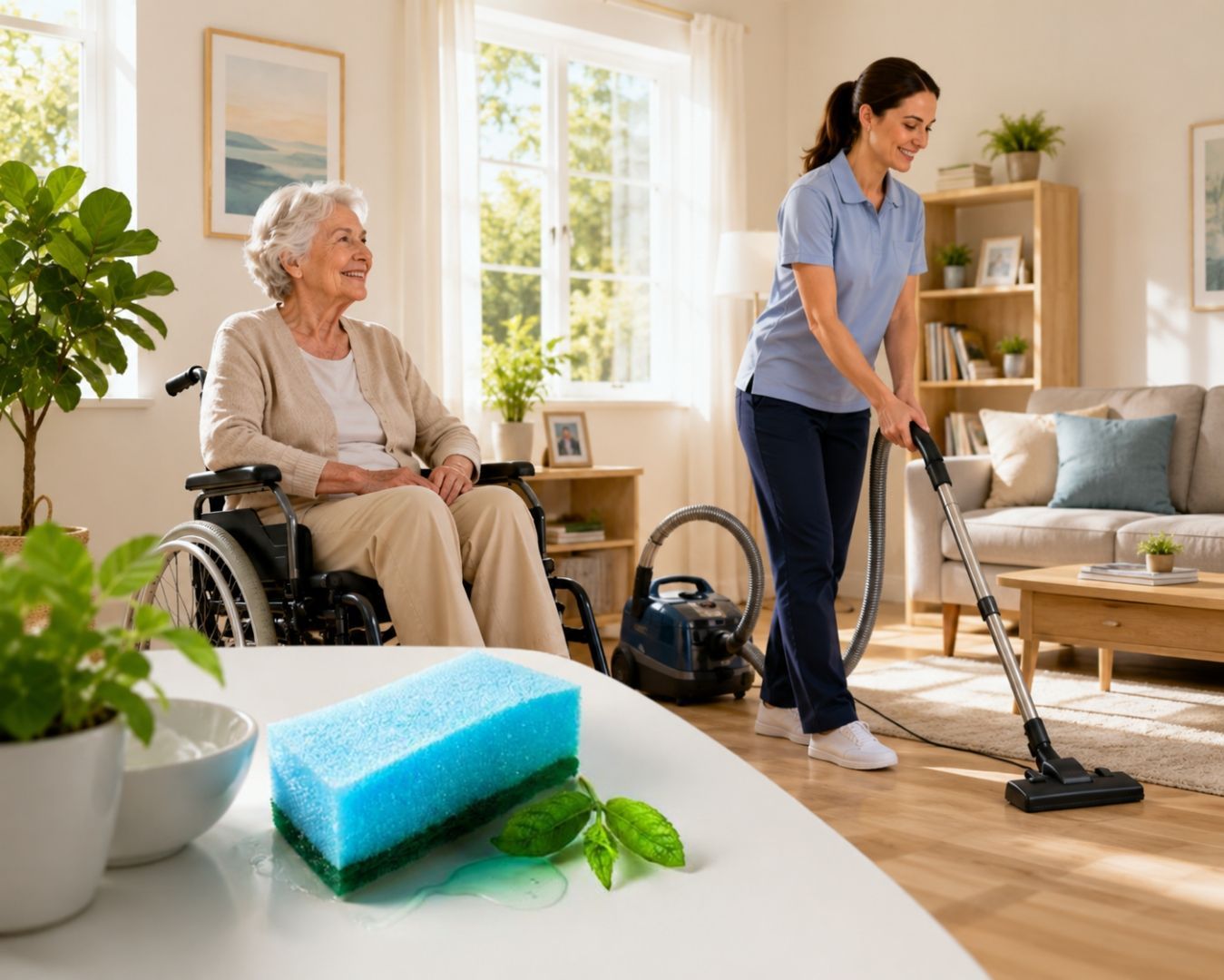 Smiling caregiver in blue scrubs embracing an elderly woman in a bright home dining room