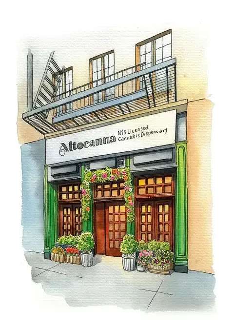 Illustrated flower shop storefront with green facade, wooden doors, and balcony above.