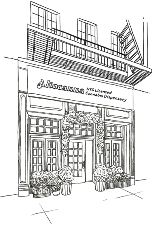 Line drawing of a storefront with a balcony, sign, potted plants, and an open stairway on the right.