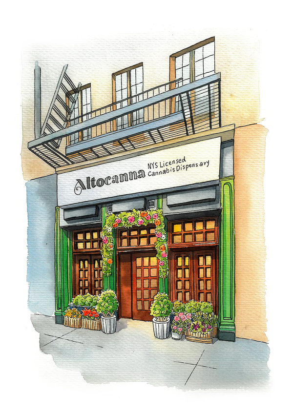 Watercolor storefront with green facade, flower boxes, and a striped awning under an apartment balcony.