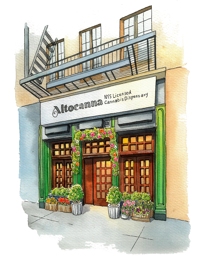 A drawing of a building with flowers in front of it.
