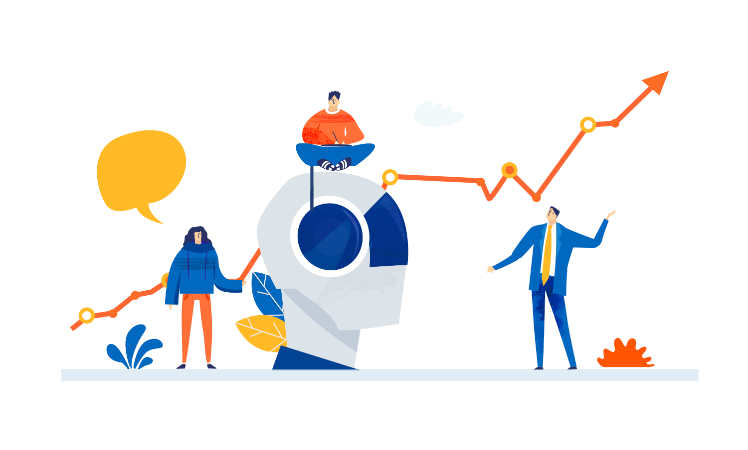 A group of people standing around a large head with a graph coming out of it.