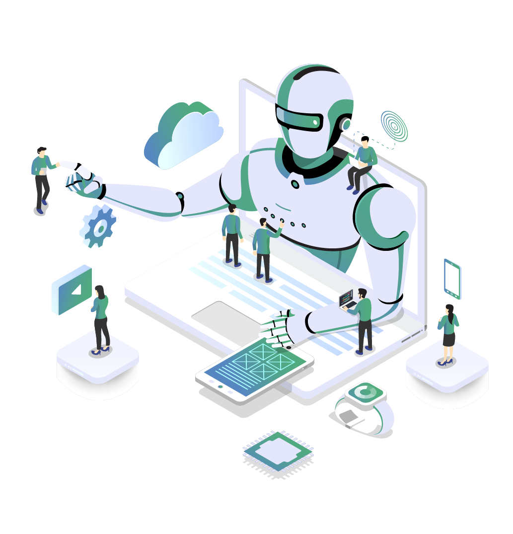 An isometric illustration of a robot working on a laptop computer.