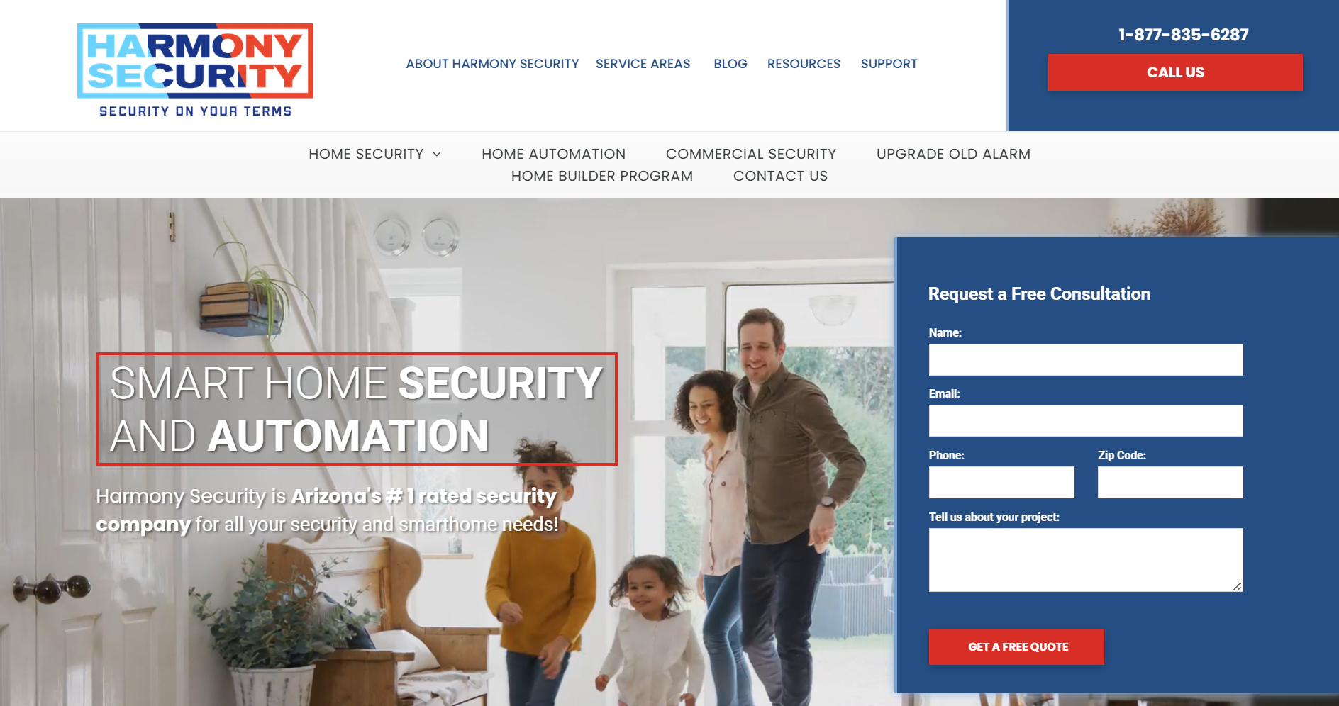 Website promoting Harmony Security. Family in doorway, form on right.