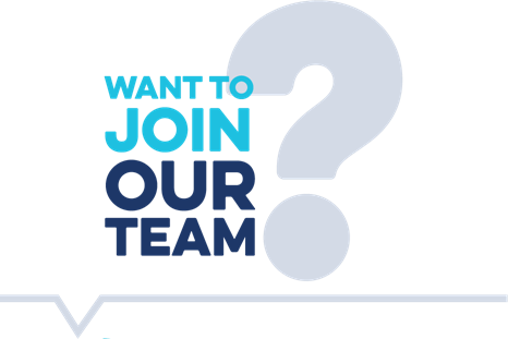 A logo that says `` want to join our team '' with a question mark.