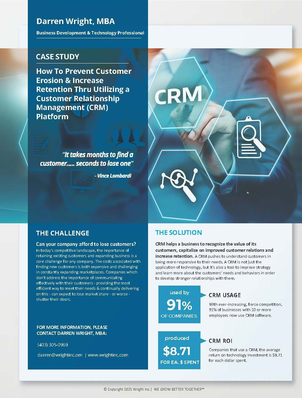 Case study about customer retention using a CRM platform. Includes percentages, charts, and a businessperson's hand.