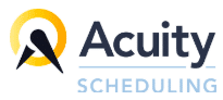 A logo for acuity scheduling with a yellow circle in the middle.