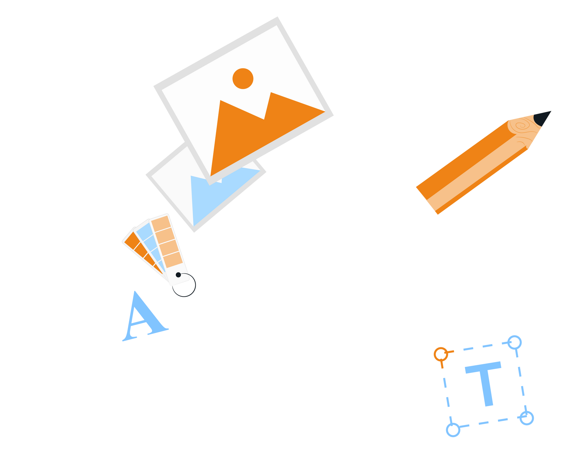 An illustration of a pencil , a picture , and some letters.