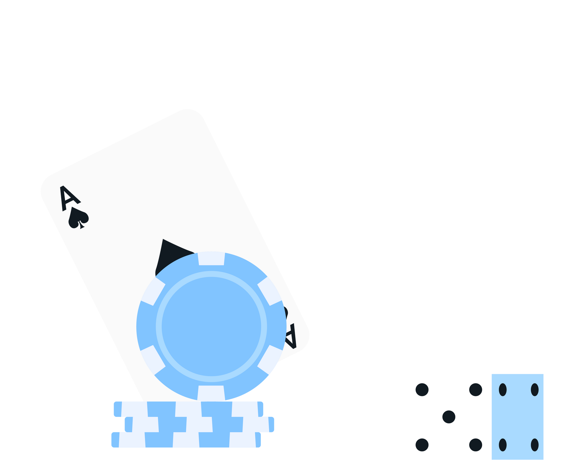 Ace of spades card, blue poker chip stack, and domino with dots.