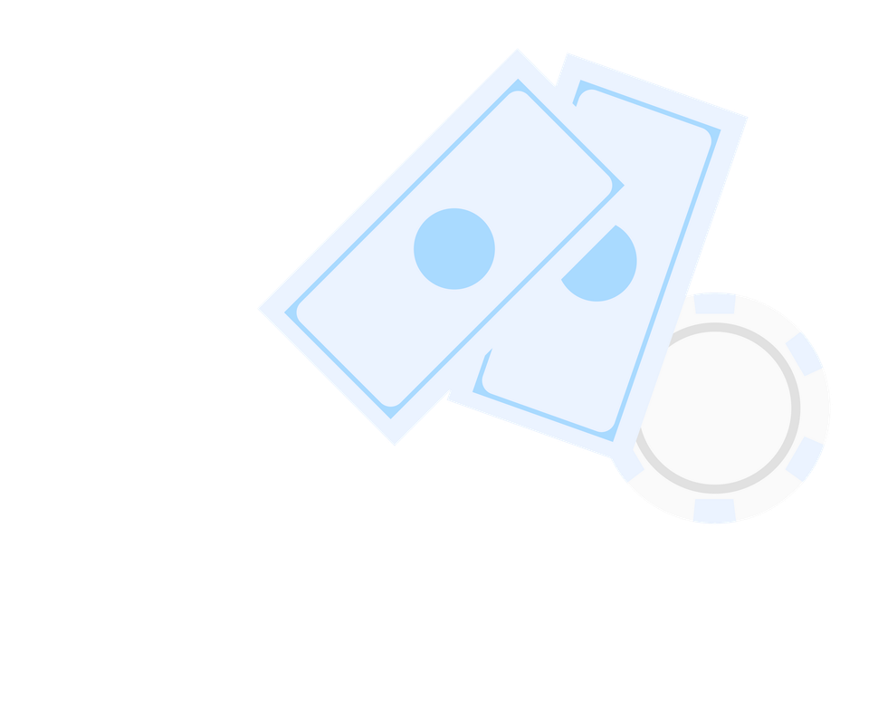 Two light blue bills and a white poker chip.