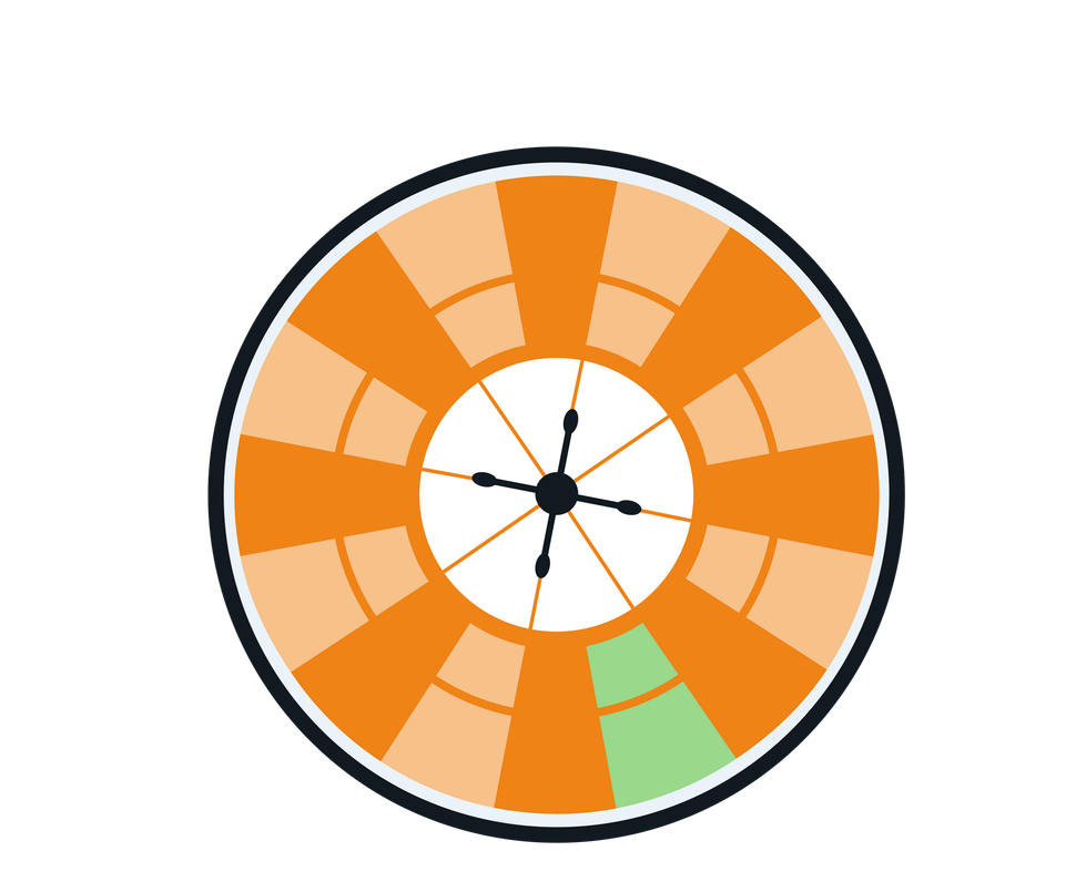 Animated orange and tan wheel, a green segment highlighted, rotating with inner spokes.