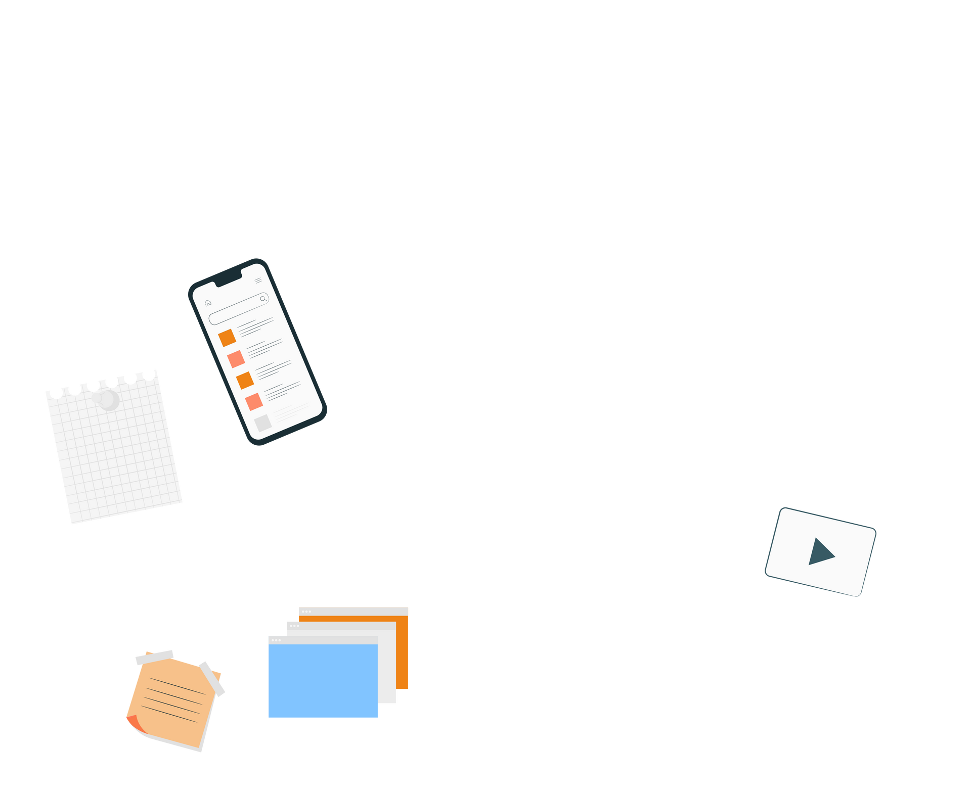 A cell phone , a calendar , a notepad , and a video are floating in the air.
